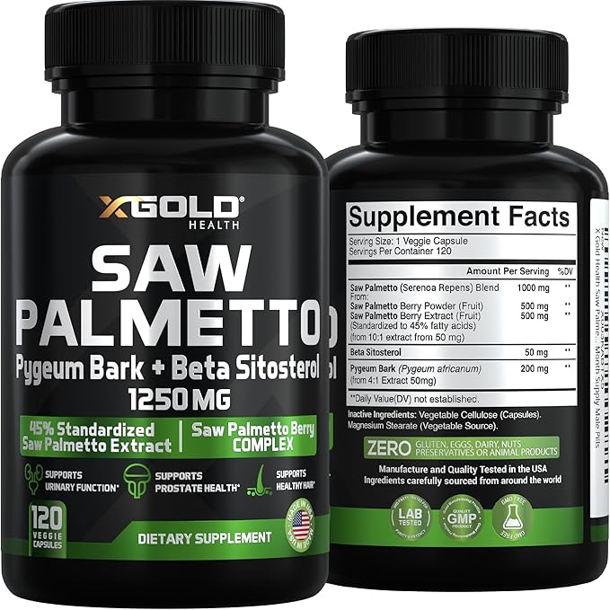X Gold Health Saw Palmetto Prostate Supplement for Men | Pygeum Bark | Beta Sitosterol Supplement | Potent 3X Formula | Urinary Function Prostate | DHT Blocker Hair Growth| 4 Month Supply Made in USA