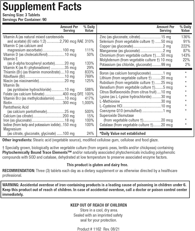BIOTICS RESEARCH Bio-Multi Plus - Robust Foundational Multivitamin/Mineral Formula Contains Plant-Based Trace Minerals 270 Tablets