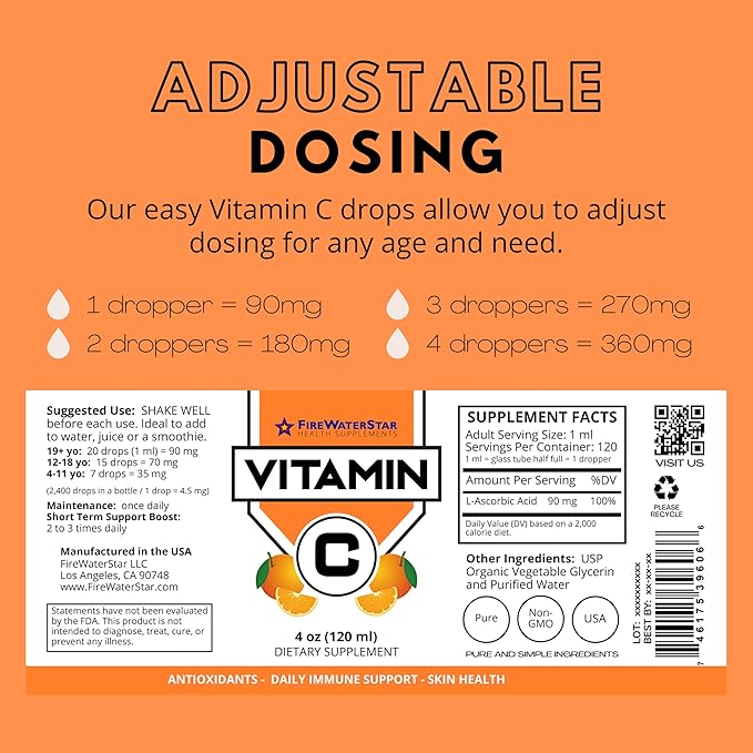 Liquid Vitamin C - 4oz - 120 Servings - Organic Non-GMO - Adults and Kids - 99% Pure Ascorbic Acid - VIT C Drops - Bioactive Vitamin C Liquid - Immune Support Skin Health Antioxidants