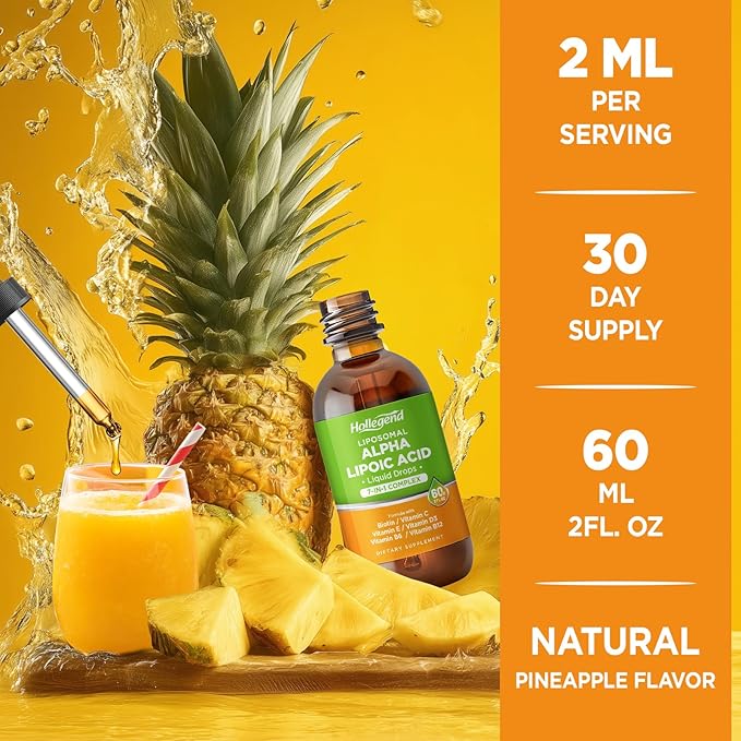 Liposomal Liquid Alpha Lipoic Acid drops 600 MG R-Alpha Lipoic Acid Supplement with Biotin &amp Multivitamins ALA for Antioxidant Brain Health and Nerve Support Pineapple Flavor Sugar Free 2 FL