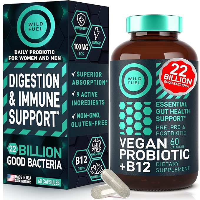 Digestive Enzymes with Probiotics and Prebiotics and Vegan Probiotic Plus B12 Enhanced Digestive and Gut Health Bundle
