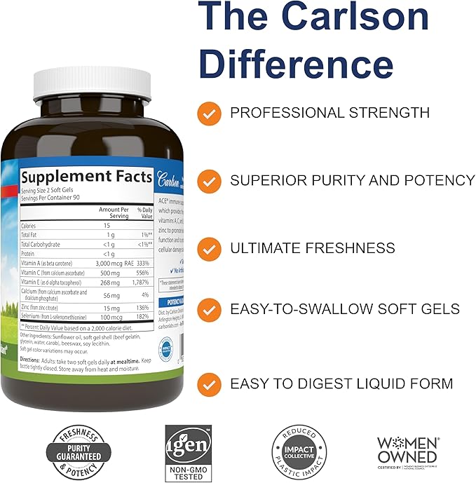 Carlson - ACES + Zn Vitamins A C E + Selenium &amp Zinc Cellular Health &amp Immune Support Antioxidant 180 Softgels