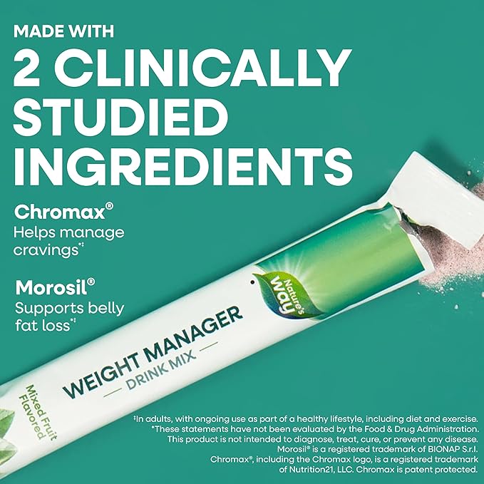 Nature's Way Weight Manager Drink Mix Packets Supports Craving Management &amp Abdominal Fat Loss*(1) with Clinically Studied Ingredients Plant-Based Fiber No Sugar Mixed Fruit Flavored 30 Pack