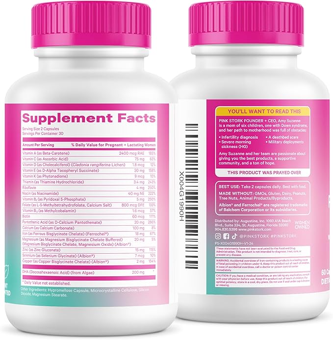 Pink Stork Total Postnatal Vitamins for Women | Vegan DHA Iron Folate B12 | Postpartum Recovery Essentials | Lactation Support for Breastfeeding Moms | Clean Label Award Winner - 60 Capsules Mint