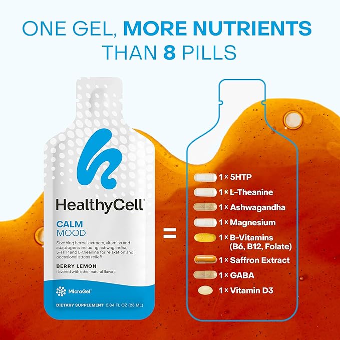 Healthycell Calm Mood Daily Liquid Supplement - Cortisol Manager &amp Mood Support Supplement for Stress with Ashwagandha L-Theanine Magnesium 5-HTP GABA &amp Saffron - 30 Gel Packs