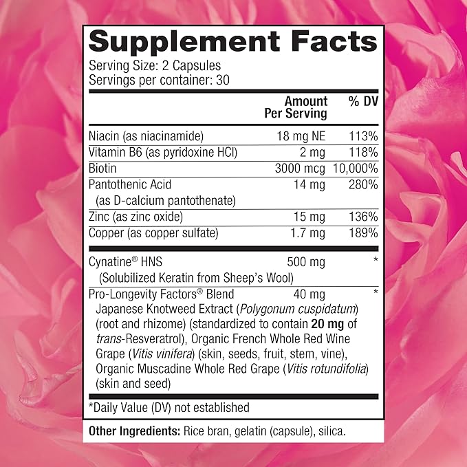 Reserveage Beauty Keratin Hair Booster with Biotin &amp Resveratrol - Hair &amp Nail Growth Supplement for Women - Supports Healthy Thickness &amp Shine with Biotin - 60 Capsules (30 Servings)