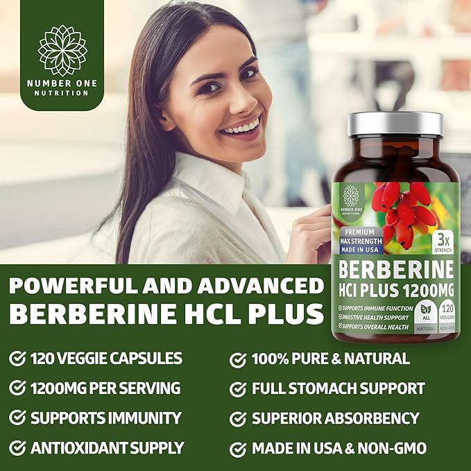 Berberine HCl Supplement 1200mg Pure Berberis Aristata Capsules to Support Metabolic Health Digestive Wellness and Cellular Antioxidant Support Non-GMO Vegetarian 120 Capsules 2-Month Supply