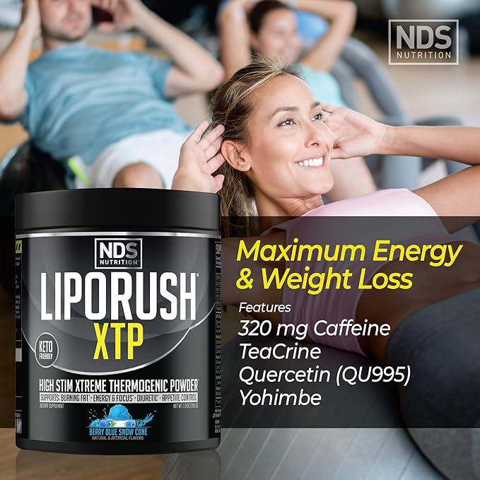 LIPORUSH NDS Nutrition XTP Thermogenic Fat Burner with L-Carnitine - Energy Focus and Appetite Control - Extreme Thermogenic Fat Burning Powder Weight Loss - Blue Berry Snow Cone (45 Servings)