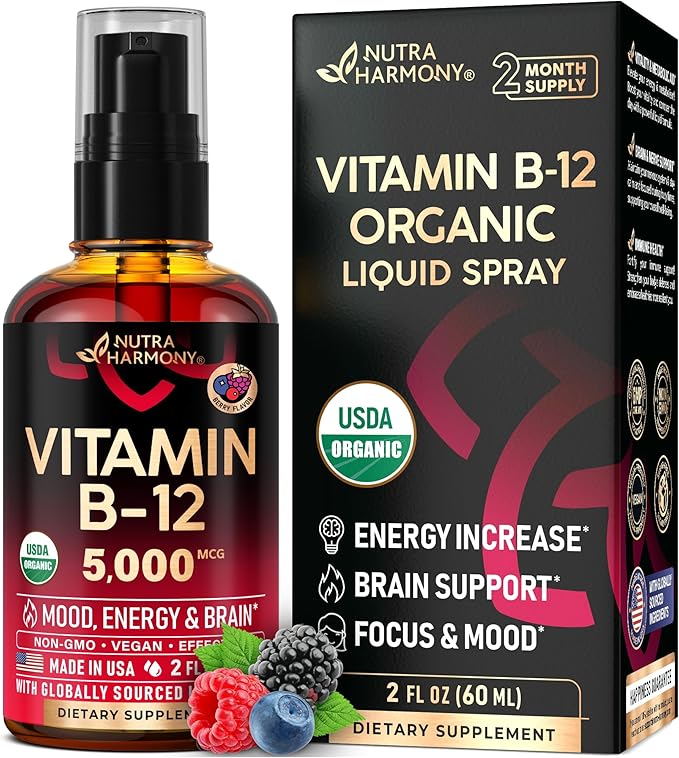 USDA Organic Vitamin B12 Sublingual Spray - 5000 mcg Liquid Vegan Methylcobalamin for Women &amp Men - Energy Boost Focus &amp Mood Brain Health Support - Maximize Absorption - 2 Month Supply 2 f