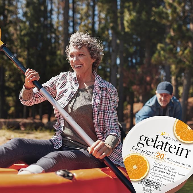 Gelatein Orange: 20 grams of protein. Sugar free. Ideal for clear liquid diets swallowing difficulties bariatric dialysis and oncology. Great pre or post-workout snack. (12 pack)