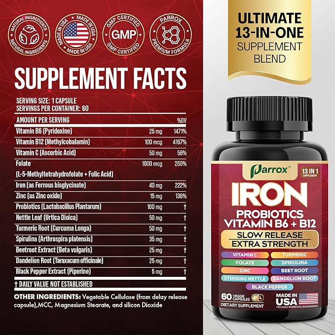 Iron Supplement Slow Release Iron Probiotics Spirulina Turmeric Vitamin B6 Methylated B12 Vitamin C Zinc Beetroot Nettle Leaf Dandelion Root Black Pepper Extra Strength 60 Capsules 2Pack