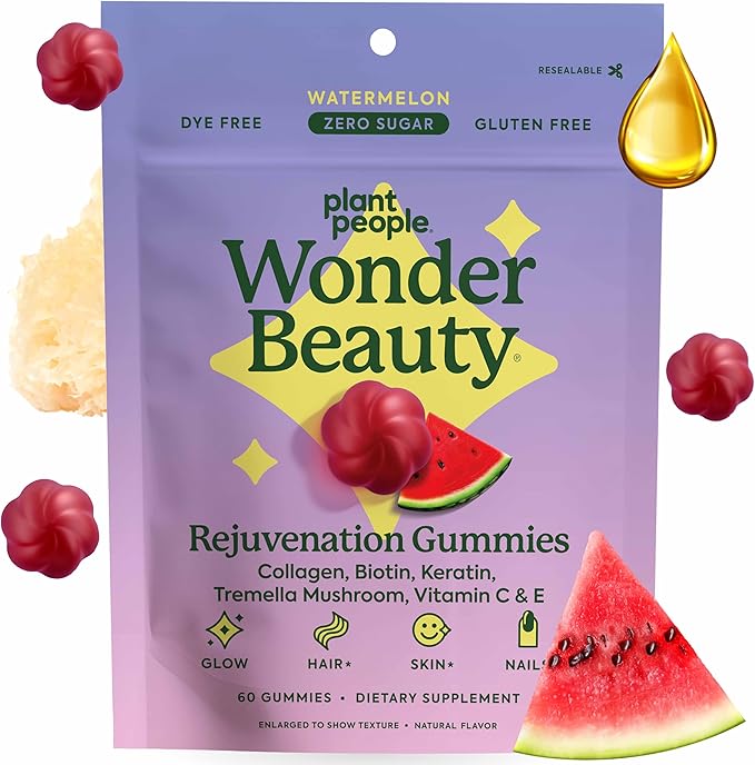 Plant People WonderBeauty Hair Skin &amp Nails Rejuvenation Gummies with Tremella Mushroom Collagen Peptides Keratin &amp Biotin – Watermelon Flavor 60 Gummies