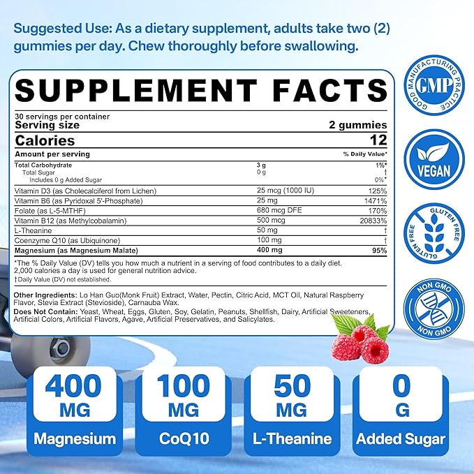 Nextdia Magnesium Malate Energy Gummies Plus L-Theanine CoQ10 Methyl B12 Methylfolate B6 &amp D3-400mg Magnesium Gummy Sugar Free for Women Men Supports Muscle Function Calm &amp Relax Vegan