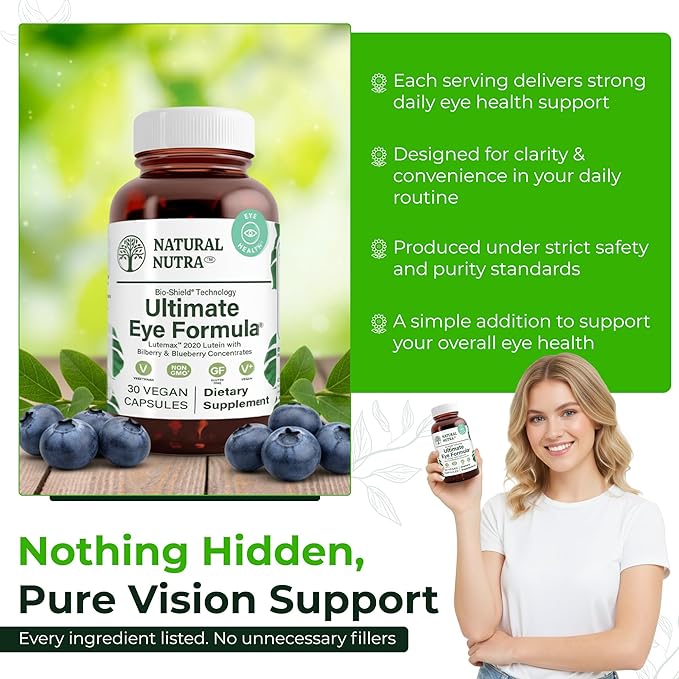 Natural Nutra Ultimate Eye Health Supplement - Bilberry &amp Blueberry Extract Blend for Day and Night Vision Support Promotes Color Perception &amp Eye Clarity - Non-GMO Vegan - 30 Capsules (Pack
