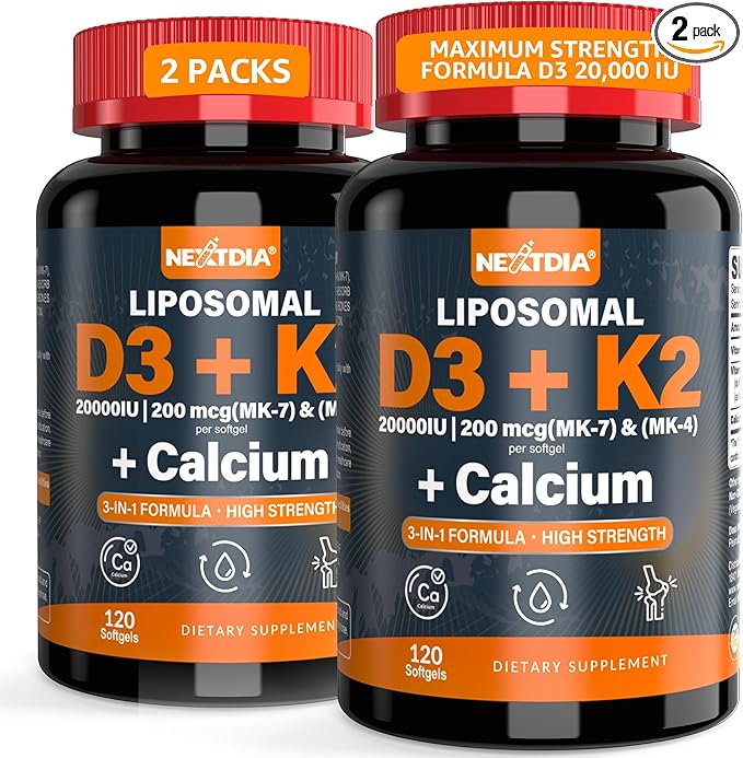 Vitamin D3 20000 IU + K2 Vitamin (MK4 &amp MK7) 200mcg + Calcium Citrate Optimal Vitamin D3 K2 Softgel - Strong Bone &amp Muscle Calcium Absorption Helping Vitamin D Deficiencies Easy to Swallo