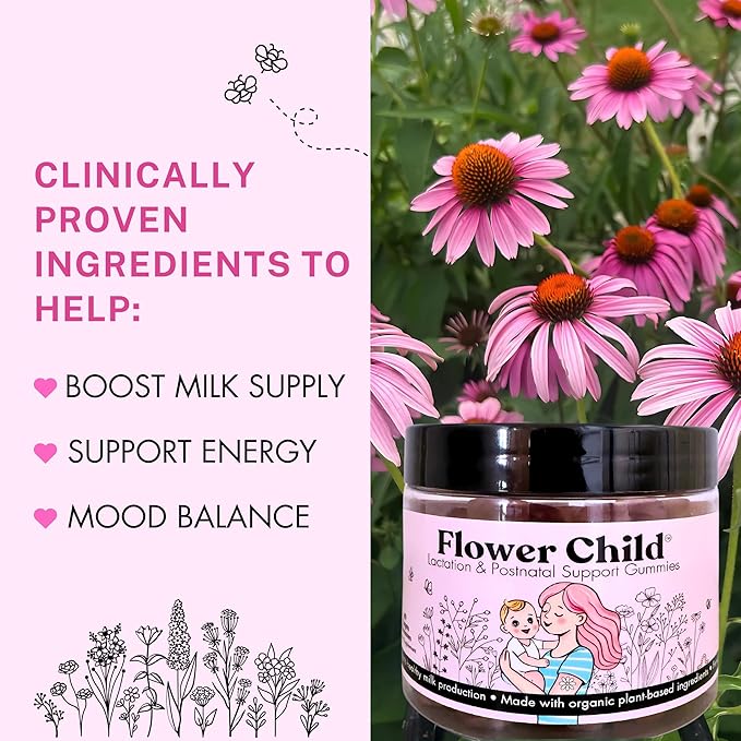 Flower Child Breastfeeding Gummies for Milk Production with Organic Moringa Milk Thistle Choline &amp DHA Lactation Supplement Postnatal Recovery Vitamins Fenugreek Free Vegan 60 Count