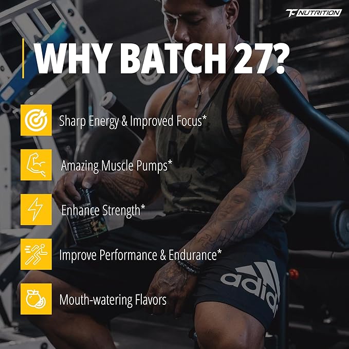 TC Nutrition Batch 27 Pre Workout Powder - 8g Citrulline 3.5g Beta Alanine 2.5g Betaine 325mg Caffeine | Instant Energy Focus Pumps &amp Strength | Nitric Oxide Booster 20 sv (Pineapple Mango)