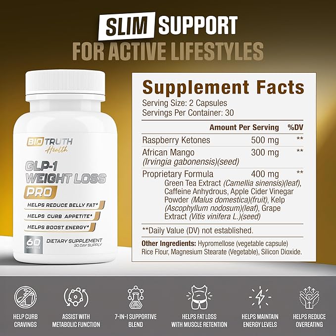 GLP-1 Weight Loss Pro - Fat Burner &amp Appetite Suppressant Weight Loss Pills for Women &amp Men - Helps Lose Weight Burn Calories &amp Increase Energy | 3rd Party Tested Formula - 60 Capsules fo