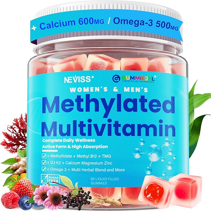 Methylated Multivitamin for Women &amp Men Gummies w/ Omega-3 Calcium D3 K2 Methylfolate &amp B12 TMG Daily Vitamins Mag CoQ10 Probiotic for 18 30 40 50 60 70+ Overall Health - Vegan Sugar