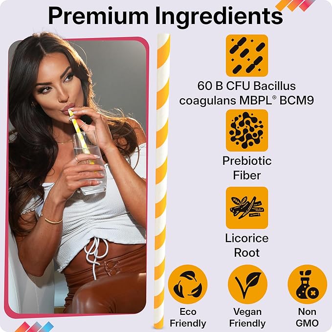 Whitney Johns Gut Straws with Probiotics for Digestive Health – 60 Billion CFUs – Supports Gut Health &amp Nutrient Absorption – Fiber Infused Drinking Straws with Prebiotics Lemon Flavor 14 Count