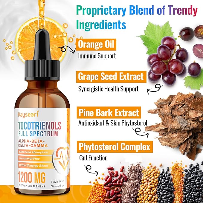 Full Spectrum of Tocotrienols Supplement 1200mg- Tocotrienol Vitamin E LiquidTocopherol-Free - Superior Antioxidant Blend - Higher Absorption - 2 fl oz30 Servings