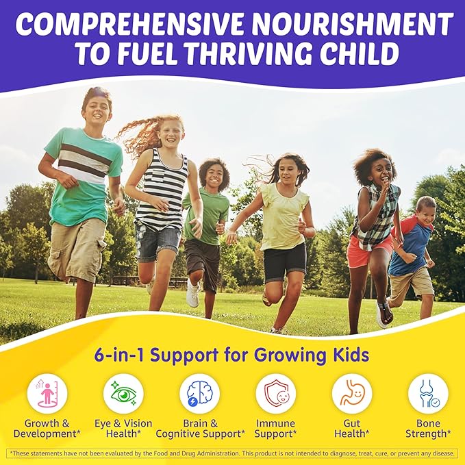 Kids Multivitamin Gummies with Iron 450mg Algae Omega-3 Methylated B12 Folate Fiber 2g Probiotics Magnesium A C D K ZincChildren Vitamins for Growth Brain Eye Gut ImmuneKids 4+ 120Cts