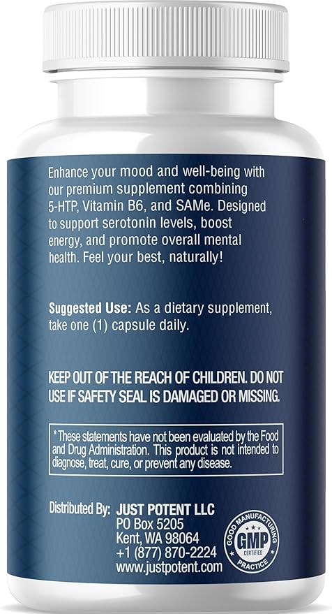 Just Potent 5-HTP Ultra 200mg | 120 Capsules - 4-Month Supply | for Sleep Mood and Brain Health | Fortified with SAM-e and Vitamin B6