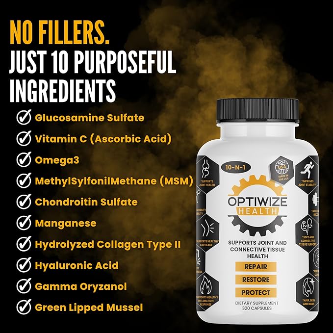 OptiWize 10-N-1 Joint Support Hydrolyzed CollagenMSM Hyaluronic Acid GlucosamineChondroitin &amp More- Targets Joint Discomfort Improves Mobility &amp Flexibility 320 Caps for Men &amp Women M