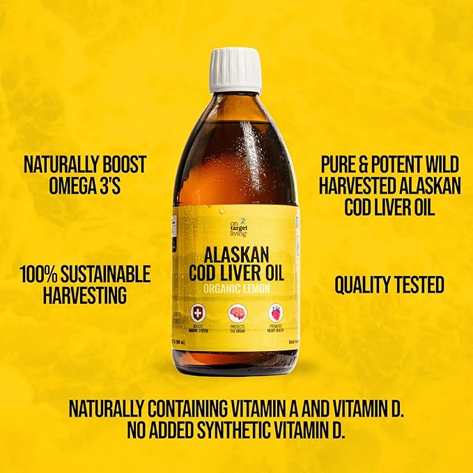 On Target Living Alaskan Cod Liver Oil Organic Lemon Flavor 16.67 oz (2-Pack) | Line Caught in The USA | Naturally Occurring Vitamin D | Rich in Omega 3 DHA/EPA | Non-GMO Project Certified