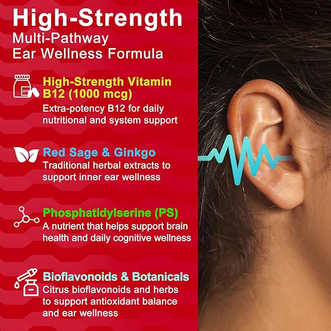 Tinnitus Relief Capsules for Ringing Ears - Tinnitus Supplement Extra Strength Formula with Flavonoids High-Potency B12 &amp Phosphatidylserine Supports Inner Ear Wellness 60 Capsules