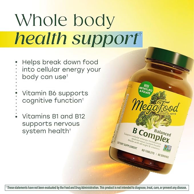 MegaFood Balanced B Complex - B Complex Vitamin Supplement - 8 B Vitamins Including Vitamin B6 Vitamin B12 Folate Biotin &amp More - Supports Cellular Energy Production - Vegan Gluten Free - 60 T