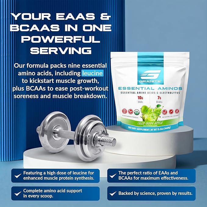 Granite Essential Amino Acids Powder Green Apple Flavor with 10g EAAs and 7g BCAAs Supports Muscle Recovery &amp Growth Soy-Free Gluten-Free (30 Servings)