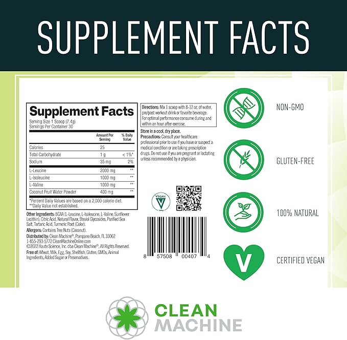 Clean BCAA - 2:1:1 Food Sourced BCAAs Powder &amp Coconut Water Electrolytes Recovery &amp Amino Energy Supplement - Award Winning Vegan Amino Acid Supplement - 30 Servings - Lemonade