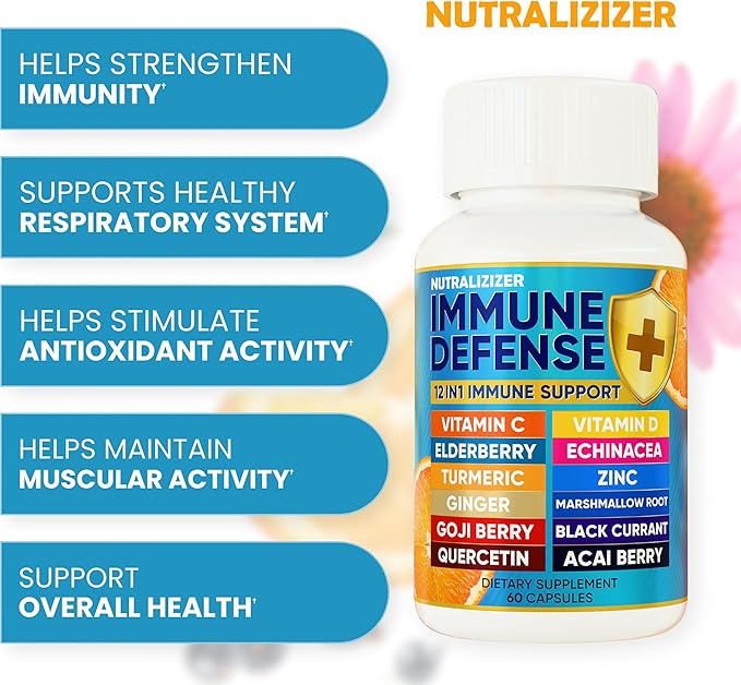 12 in 1 Immune Support Supplement - Immune Defense Vitamins w/VIT D3 Vitamin С Zinс Echinacea Elderberry Ginger &ampMore - Natural Immunity System Booster - Immune &amp Muscle Health 120cs
