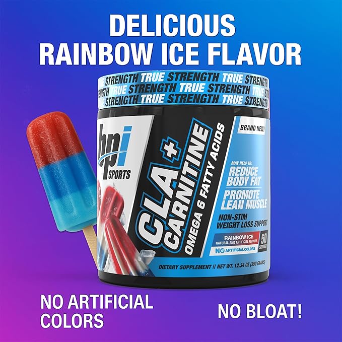 BPI Sports CLA + Carnitine Powder – Non Stimulant Fat Burner for Weight Loss Metabolism &amp Lean Muscle – Caffeine Free – Rainbow Ice – 50 Servings – 12.34 oz