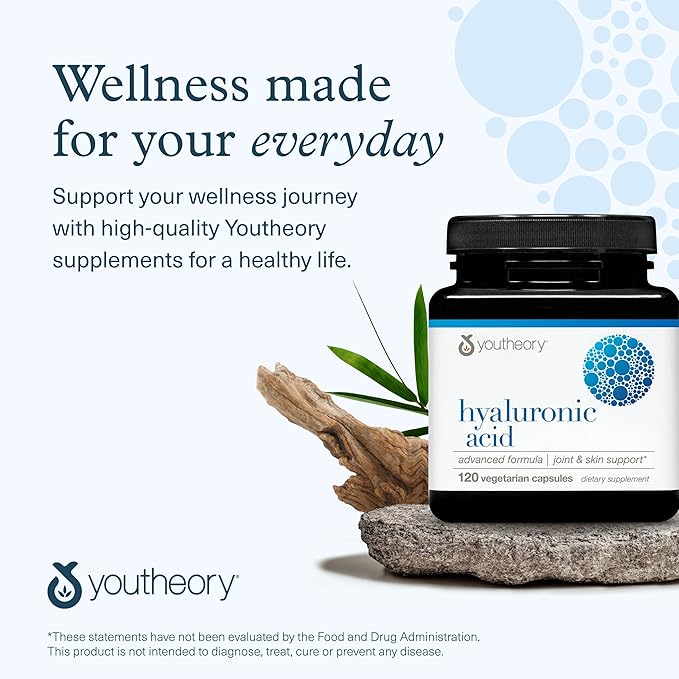 Youtheory Hyaluronic Acid Advanced Formula - Joint Support Supplement with Boswellia Extract* - Skin Health Supplement - Dairy Soy &amp Gluten Free - 120 Vegetarian Capsules