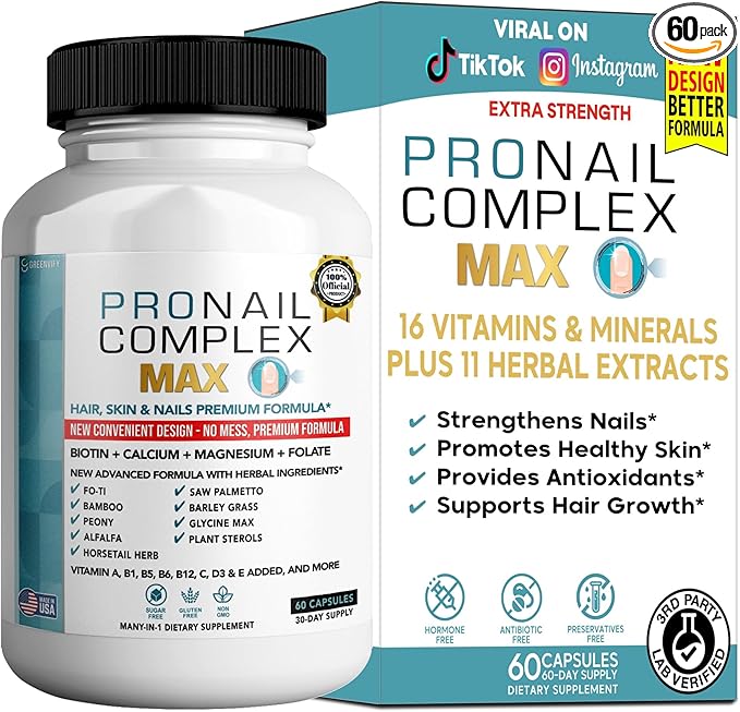 ProNail Complex Max Hair Skin &amp Nails Premium Supplement with Biotin &amp Herbal Blend 60 Capsules 30 Day Supply (1)