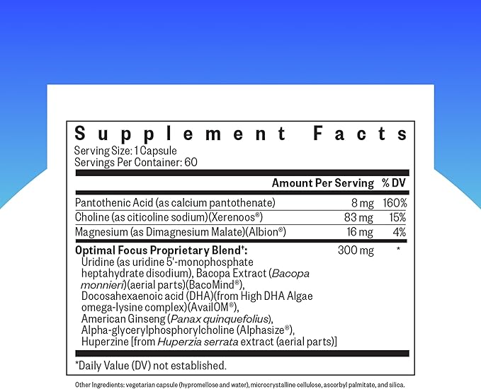 Seeking Health Optimal Focus Stimulant-Free and Caffeine-Free Nootropic Support for Memory and Focus with Choline DHA from Algae American Ginseng Vegan and Vegetarian (60 Capsules)
