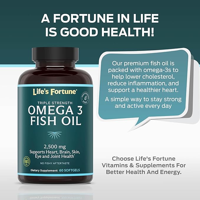 Life's Fortune Fish Oil Omega 3 Concentrate Supplement 2500 mg 60 Softgels High Potency EPA &amp DHA Fatty Acid - Heart Brain Skin Joints - Non GMO