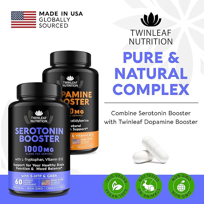 Natural Serotonin Supplement - Made in USA Manganese Serotonin &amp Cortisol Manager - Serotonin Booster Vitamin Supplement for Women with 5-HTP Vitamin B6 B12 GABA L Theanine L Tryptophan - 60 Capsu