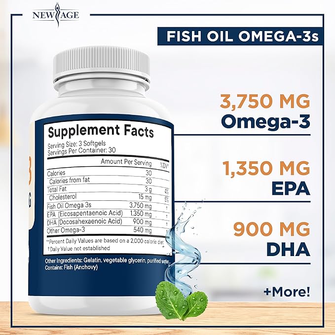 Triple Strength Omega 3 Fish Oil 3750 mg - EPA &amp DHA - Over 3000mg Omega-3 Fatty Acids - 1350mg EPA + 900mg DHA - Best Essential Fatty Acids Burpless Fish Oil - 90 Count