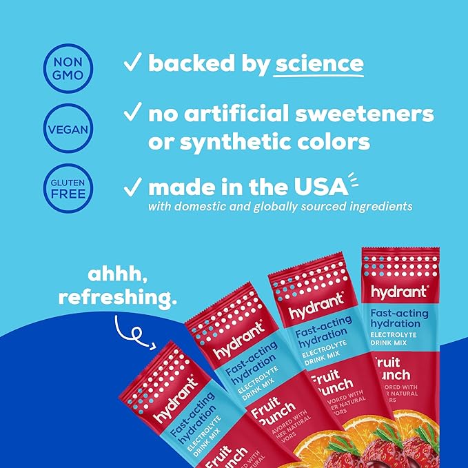 HYDRANT - Hydrate Electrolyte Powder Fruit Punch Flavor 30 Rapid Hydration Individual Stick Packs - Low Sugar Drink Mix for Daily Use Travel &amp Workouts