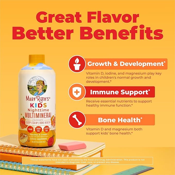 Kids Liquid Nighttime Multimineral by MaryRuth's | Bone Health | Immune Function | Bedtime Supplement | Kids Vitamins | Magnesium | Vegan | Sugar Free | 30-180 Servings | 15.22 fl oz