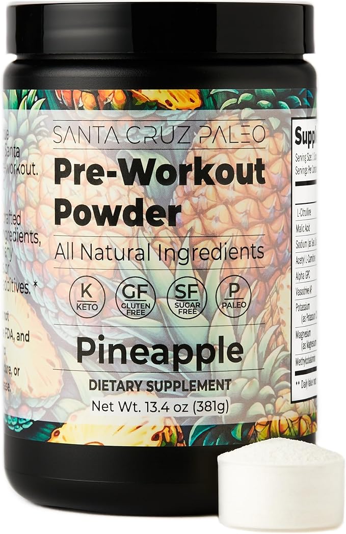 Santa Cruz Paleo Pre Workout Powder Electrolytes Magnesium Potassium Sea Salt &amp L Citrulline Caffeine &amp Sugar Free Preworkout Drink Mix for Energy &amp Hydration Pineapple Flavor 30 Ser