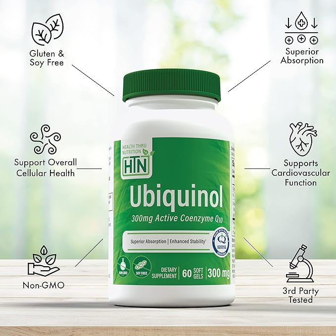Health Thru Nutrition Ubiquinol 300mg 60 Softgels as Kaneka QH Reduced CoQ-10 | Stabilized - 3rd Party Tested | Enhanced Bioavailability | Cardiovascular &amp Mitochondria Function Support | Non-GMO
