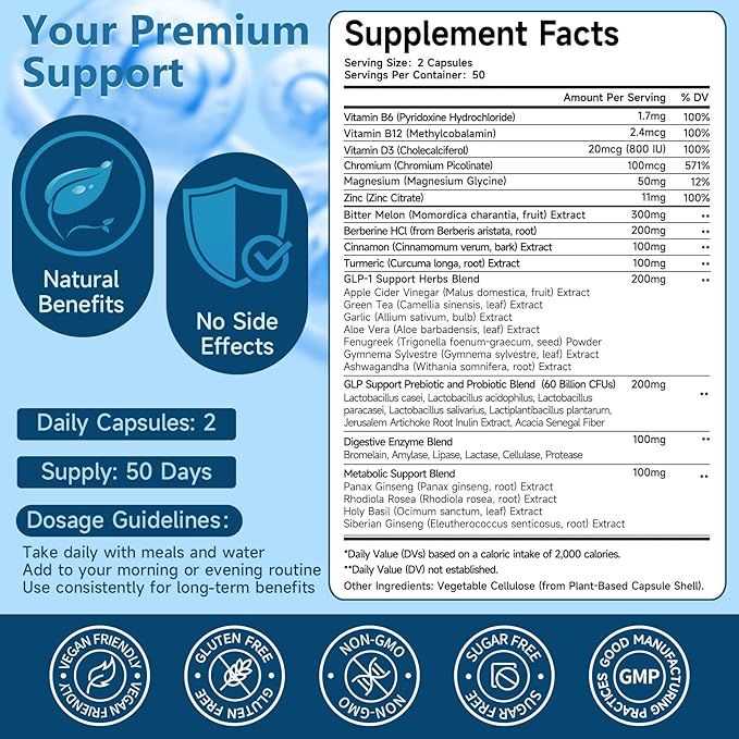 GLP-1 Supplement 34-in-1 Formula to Support Healthy GLP1 Levels digestion &amp Gut Health with Berberine Bitter Melon Cinnamon Turmeric Probiotics Prebiotics &amp Digestive Enzymes 100 Caps