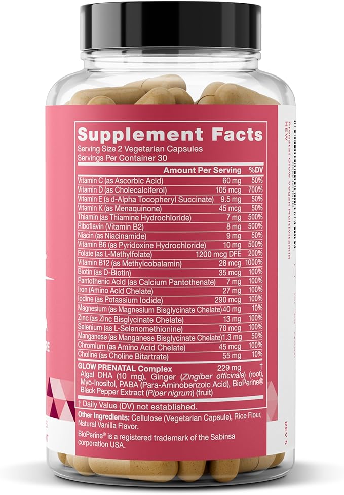 Eu Natural Glow Prenatal Vitamins for Women - 20-in-1 Prenatal Multivitamin with Folate &amp Vegan DHA - Supports Healthy Pregnancy Fetal Development &amp Mom’s Comfort - 60 Vegetarian Capsules