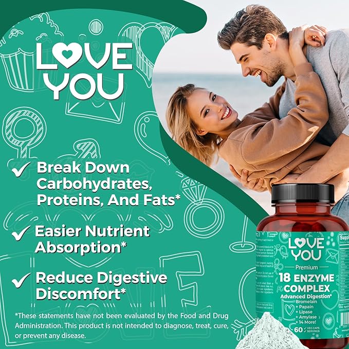 Love You 18 Enzyme Complex – Broad Spectrum Digestive Support with Amylase Bromelain and Papain – Promotes Nutrient Absorption and Healthy Digestion 60 Veggie Capsules
