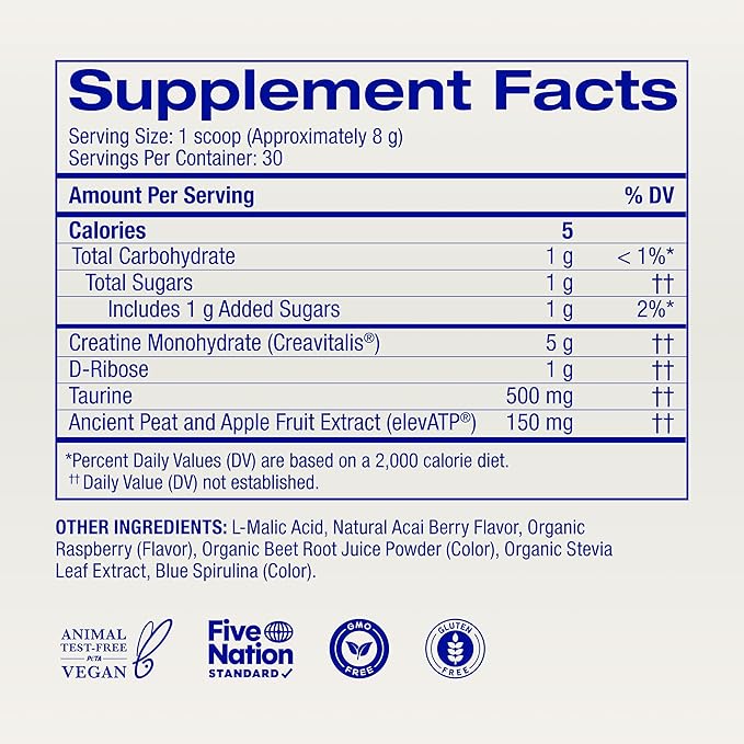 Ora Organic Creatine Monohydrate Powder - German-Sourced Creavitalis for Strength elevATP for Energy D-Ribose &amp Taurine for Recovery - Creatine for Women &amp Men - Acai Berry Flavor 30 Servin
