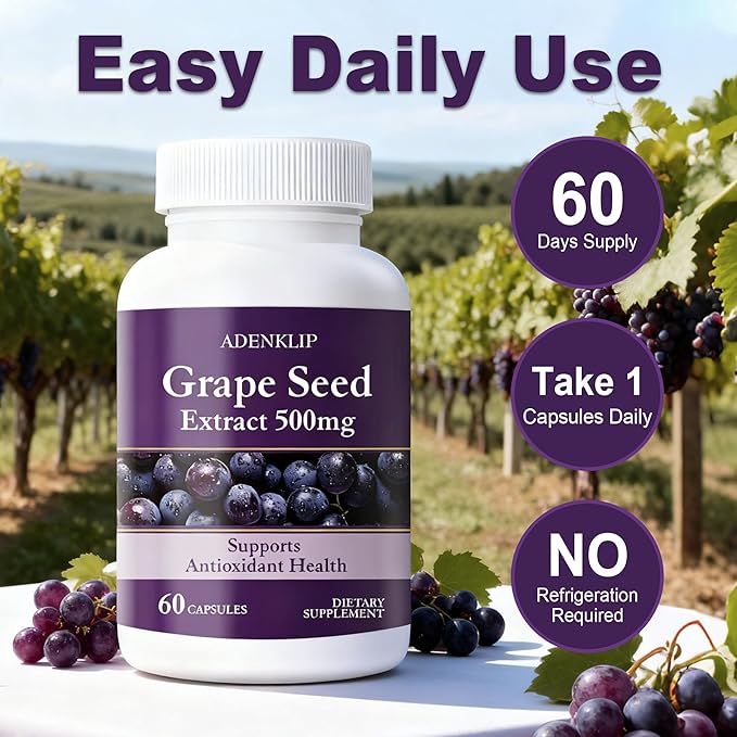 ADENKLIP Grape Seed Extract 500mg Antioxidant Support for Skin Heart &amp Overall Wellness Vegan Non-GMO Gluten-Free 60 Capsules